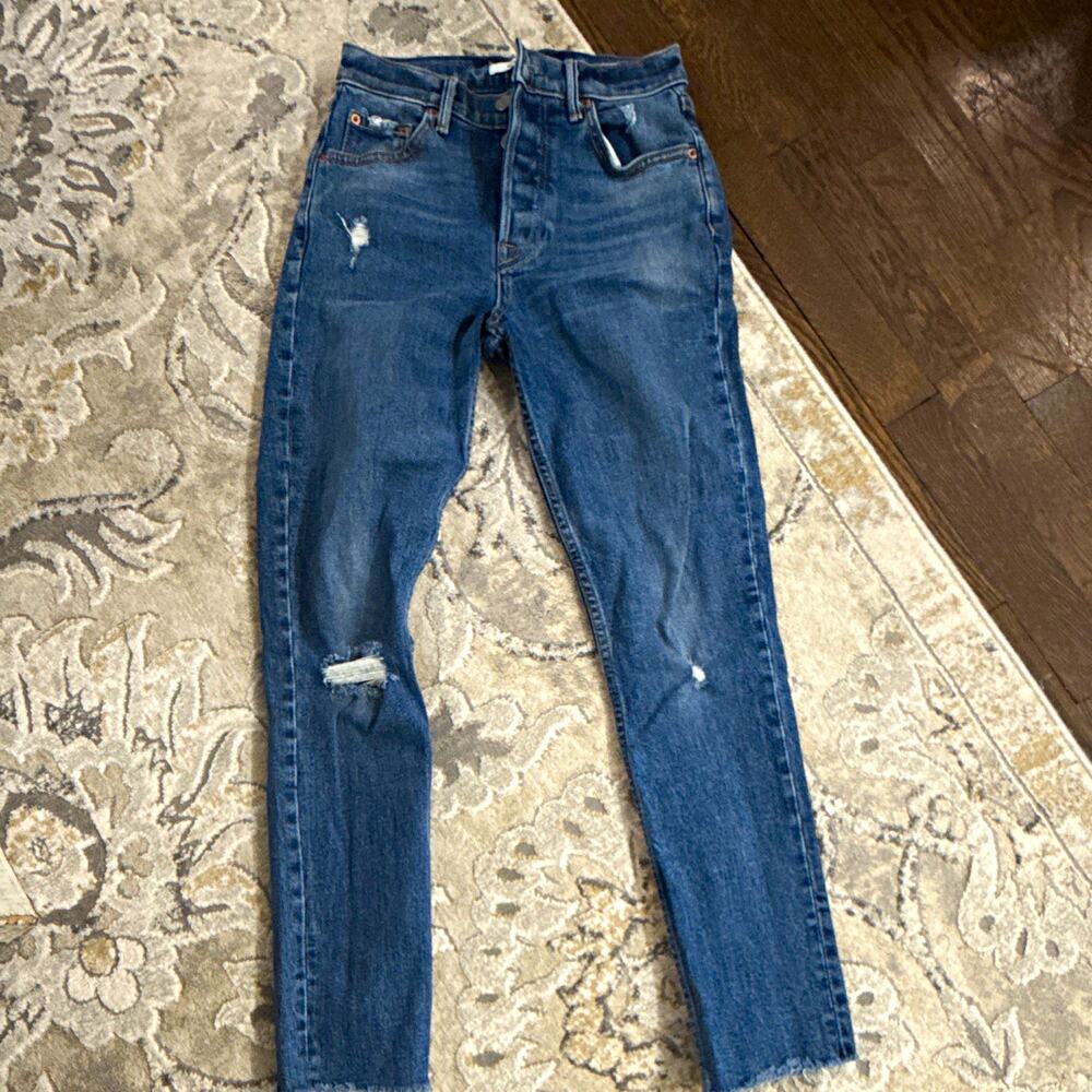 GRLFRND Women’s Skinny Jeans Blue Medium Wash Distressed High Rise Button Fly